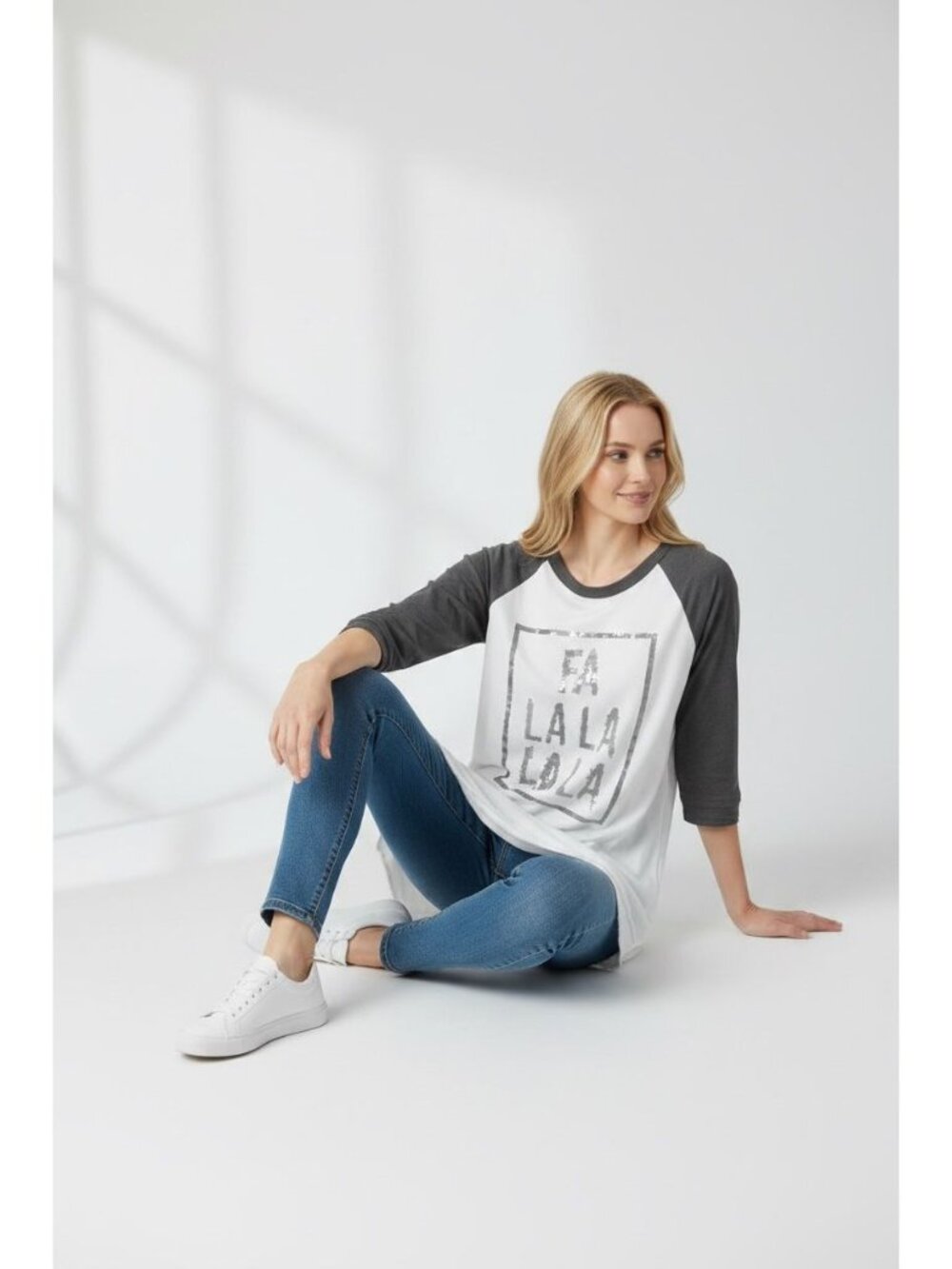 Soffe White & Gray Raglan 3/4 Sleeve Fa La La Shirt